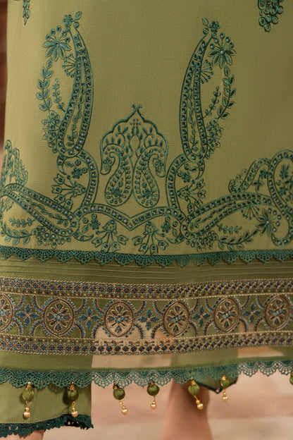 Embroidered Dhanak ensemble featuring warm jacquard wool shawl and minimal trouser.