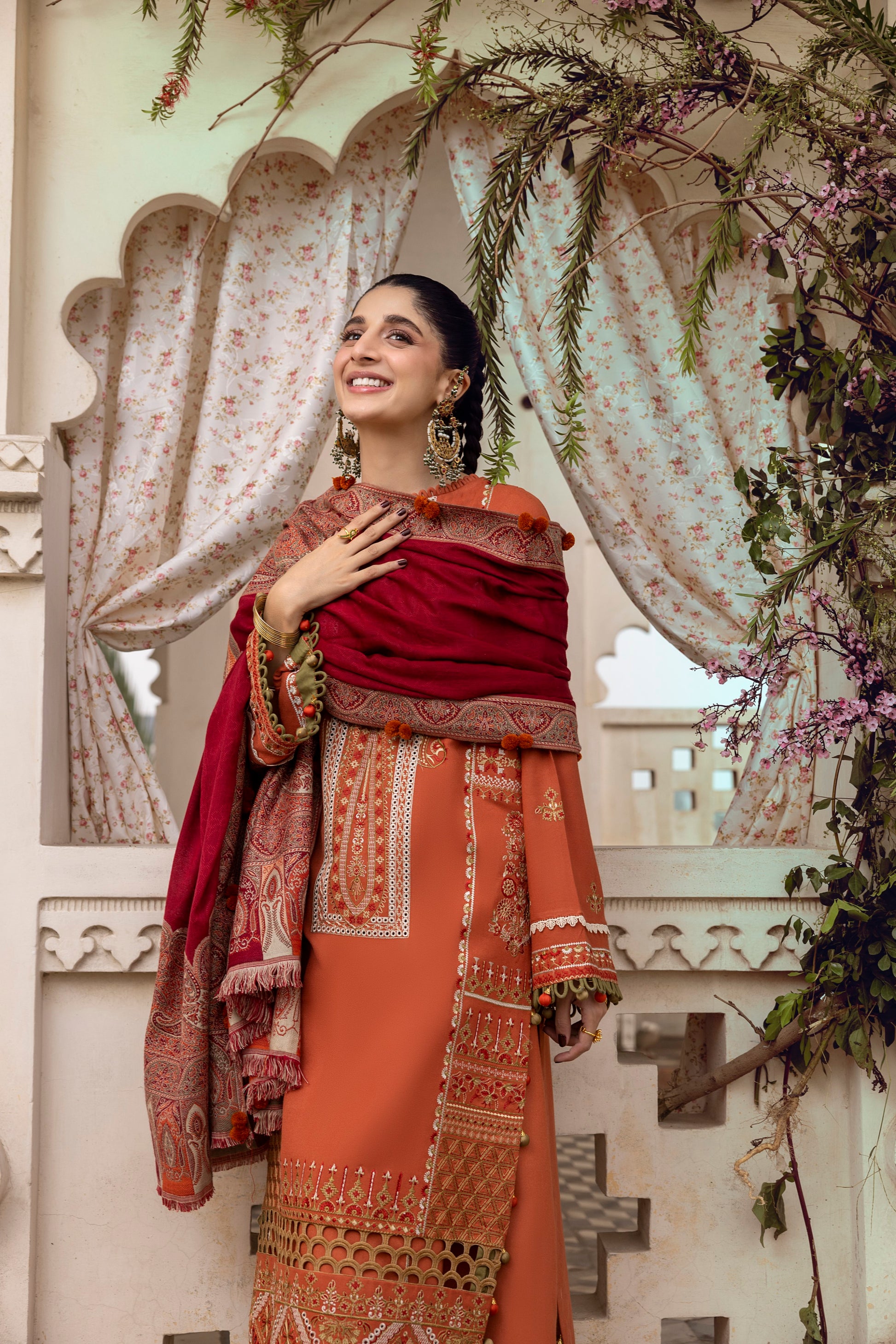 A soft Marina winter look paired with a warm shawl.