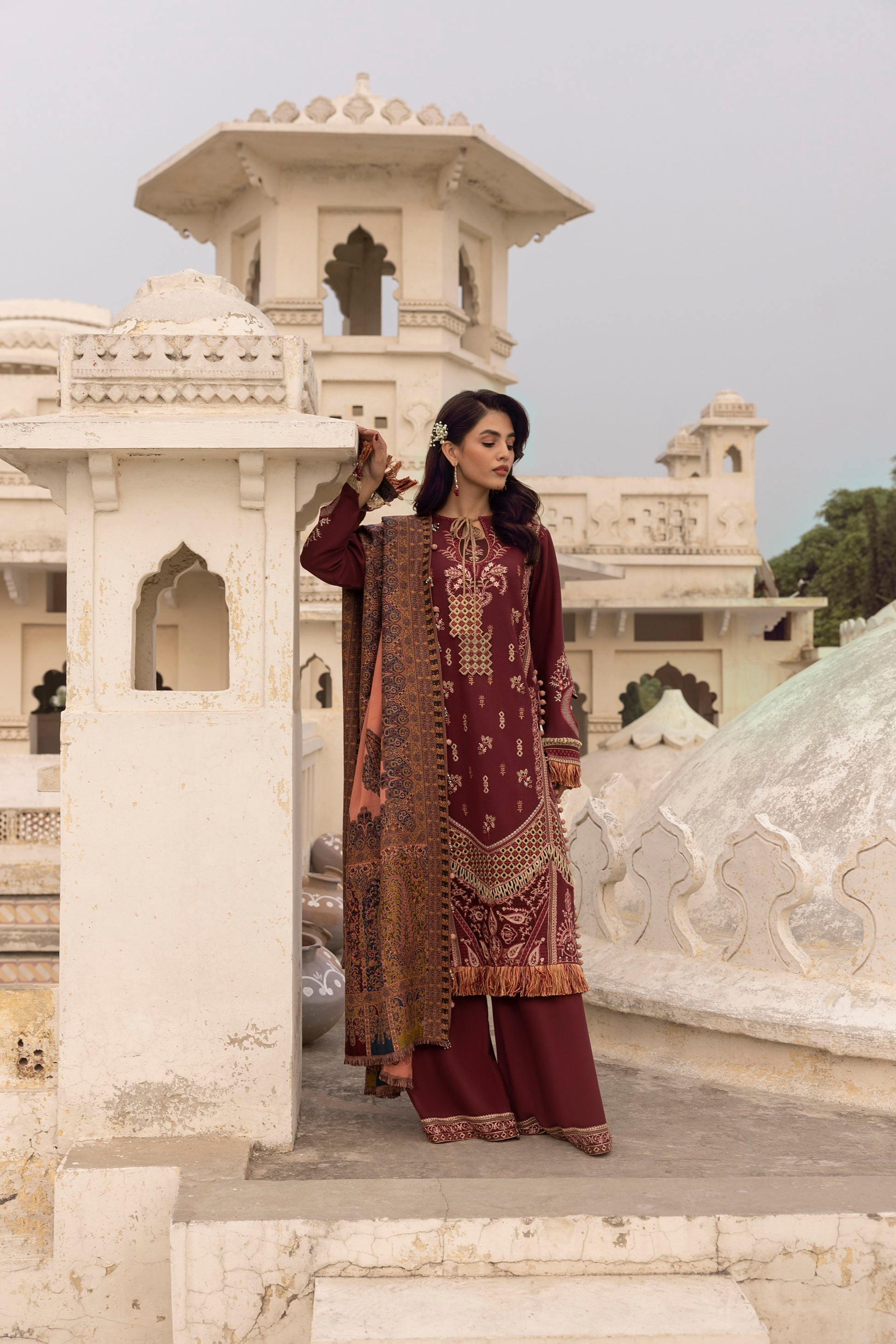 A soft seasonal dress with Marina embroidery and a handmade Kashmiri shawl.