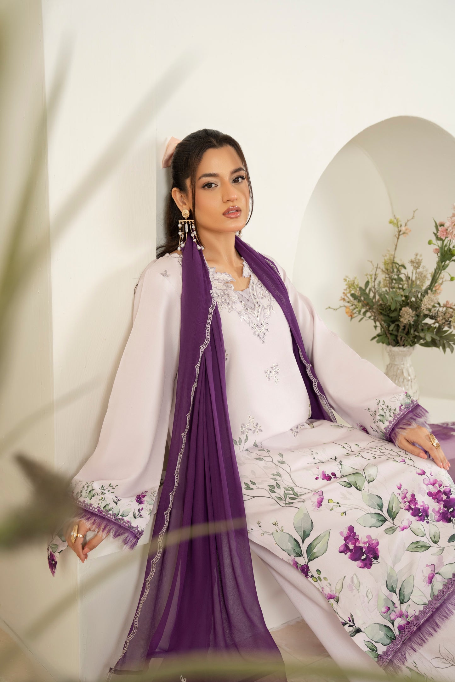 Chic viscose embroidered outfit styled with printed trouser and chiffon dupatta