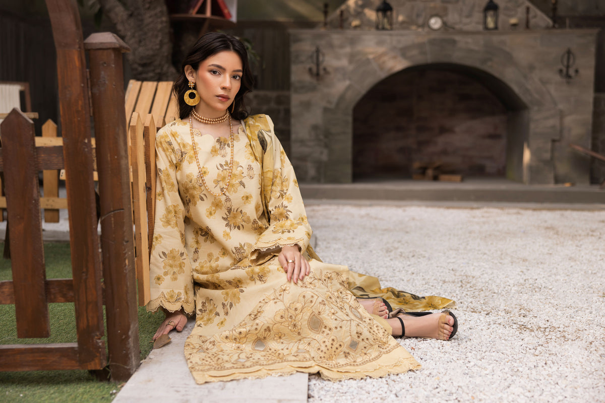 Yellow Women's 3PC unstitched lawn suit with floral dupatta