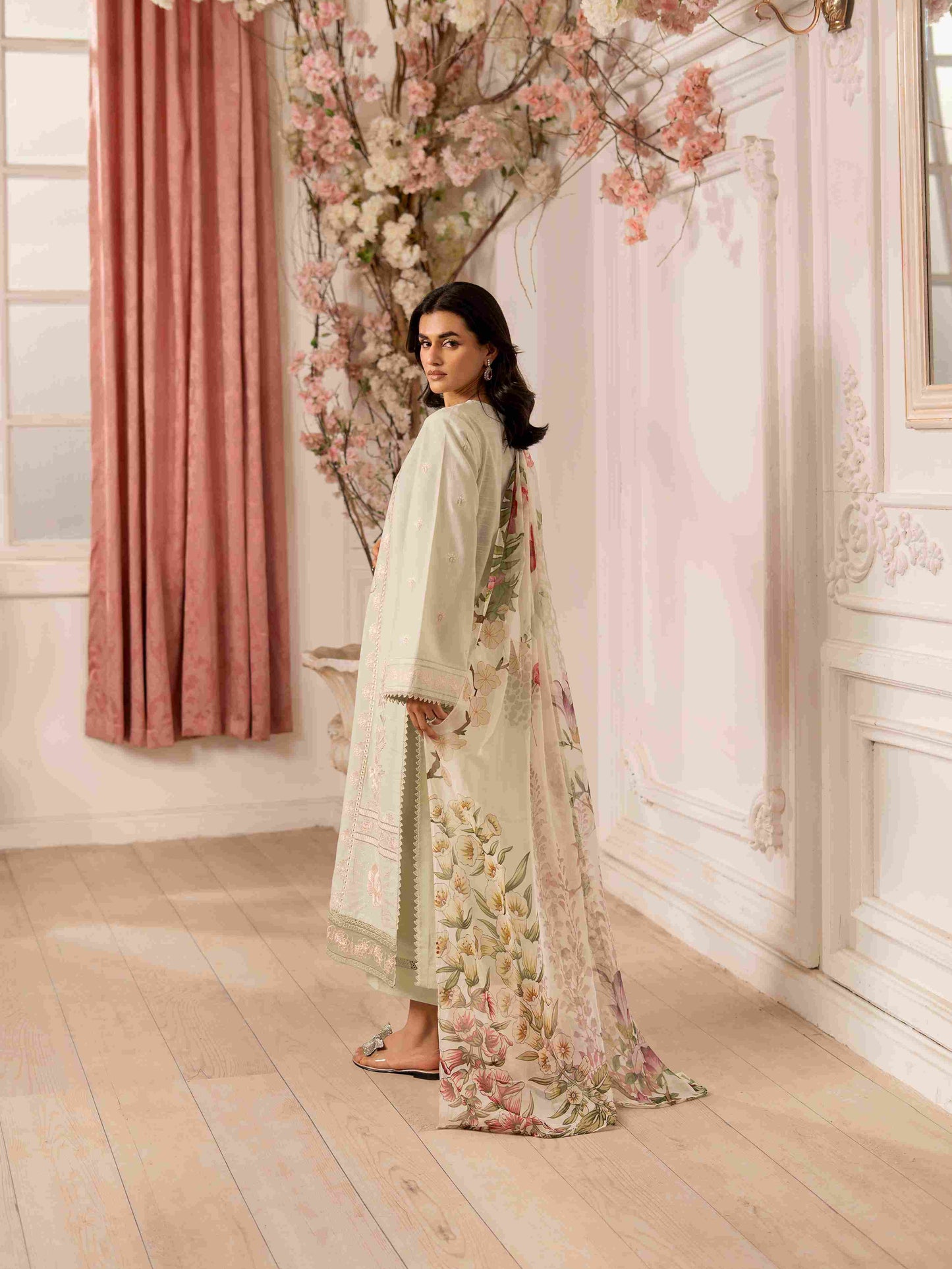 Designer embroidered lawn suit with soft cotton trouser and digital chiffon dupatta