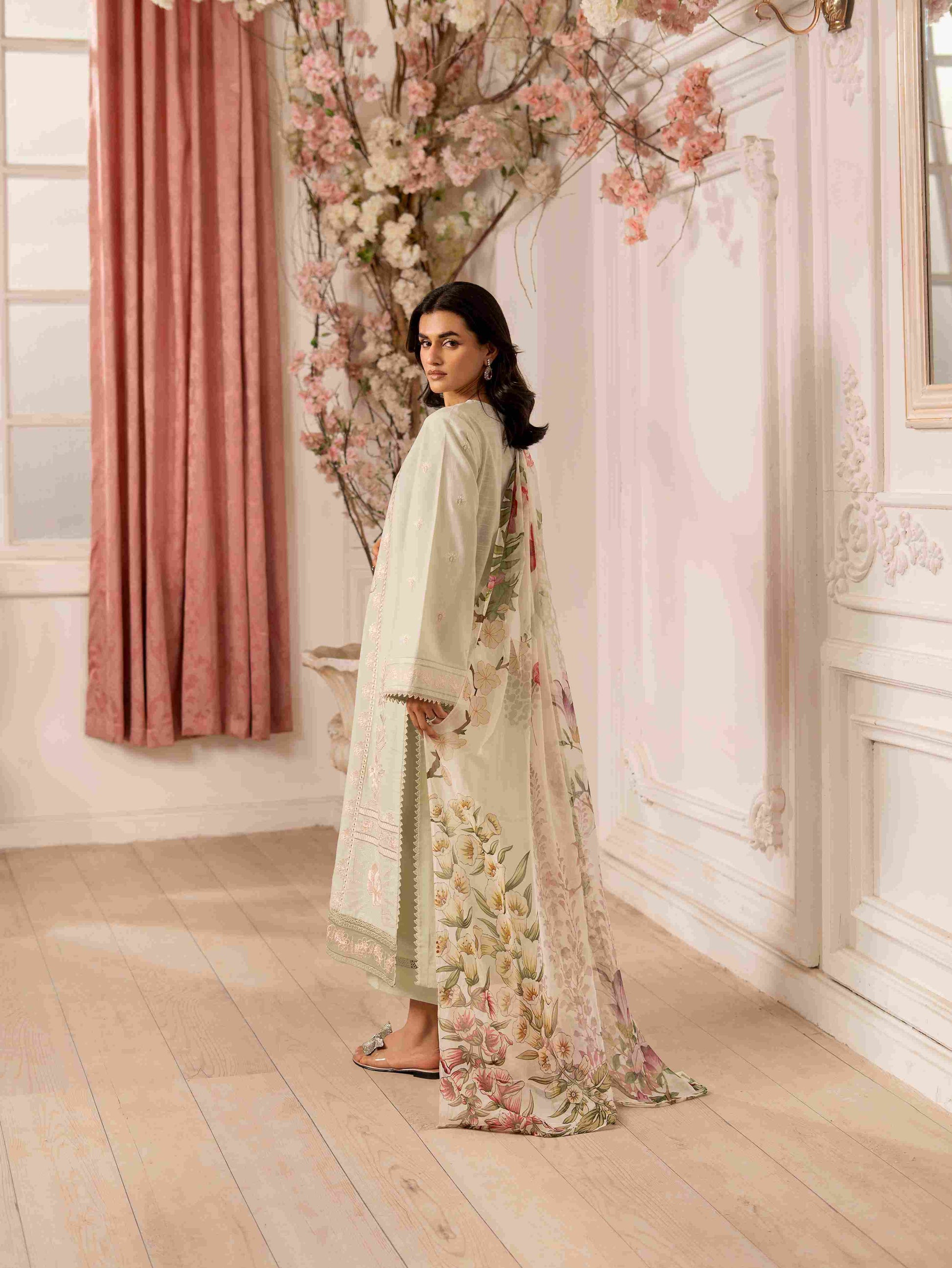 Designer embroidered lawn suit with soft cotton trouser and digital chiffon dupatta