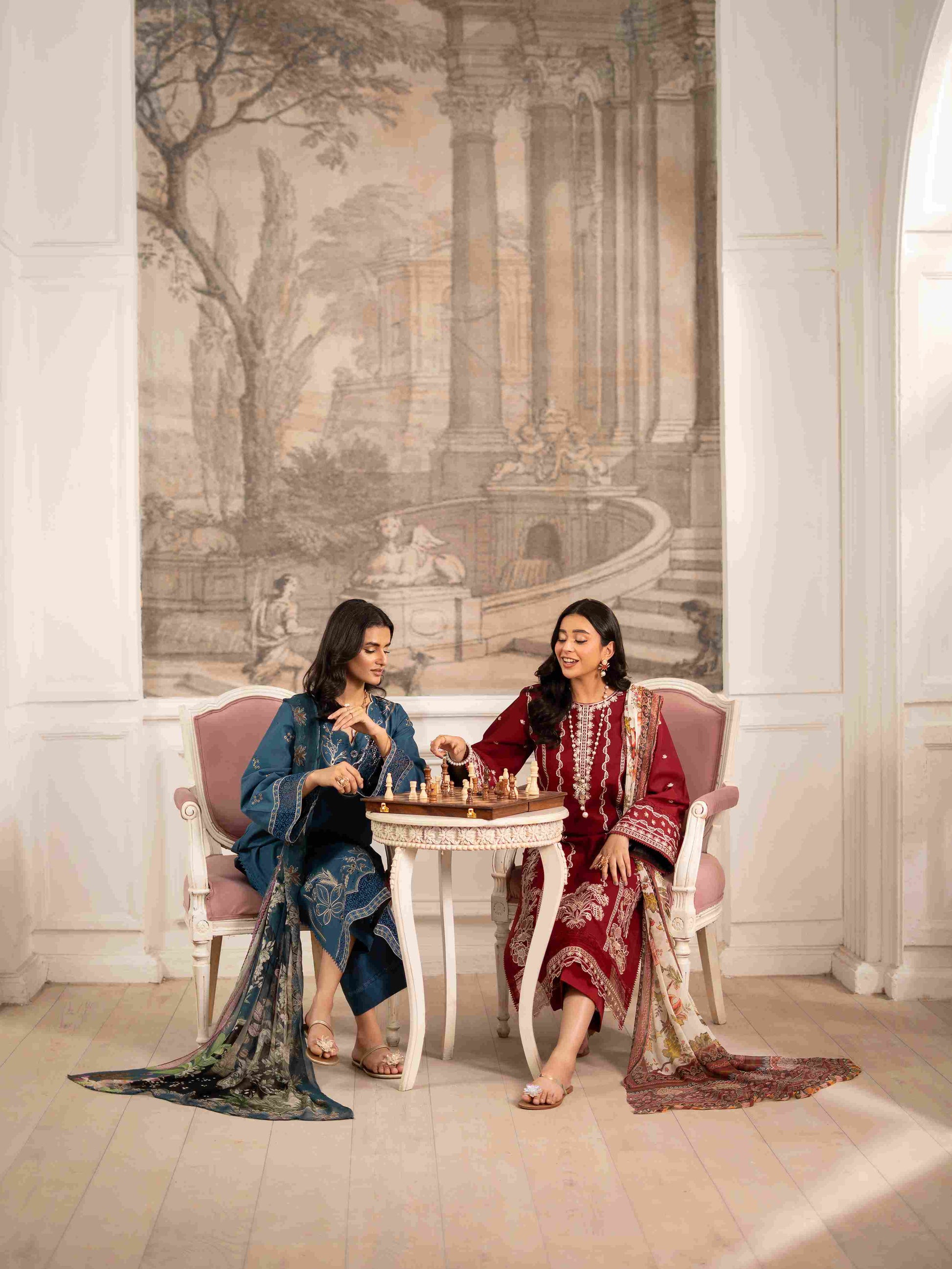 Women’s designer embroidered lawn suit styled with chiffon dupatta