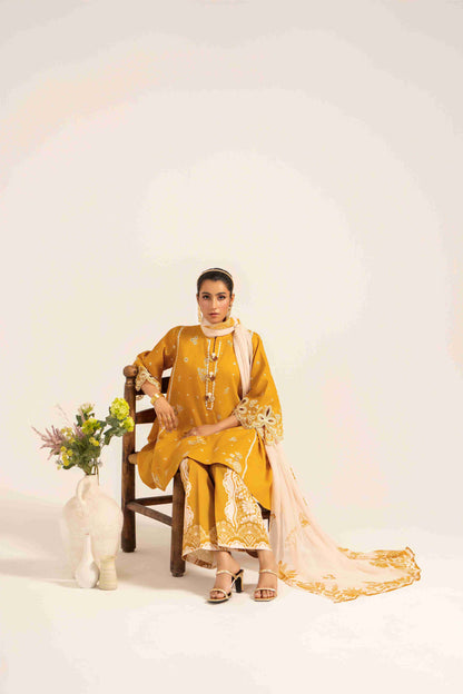 Designer embroidered lawn shirt styled with chiffon digital dupatta and cotton trouser.