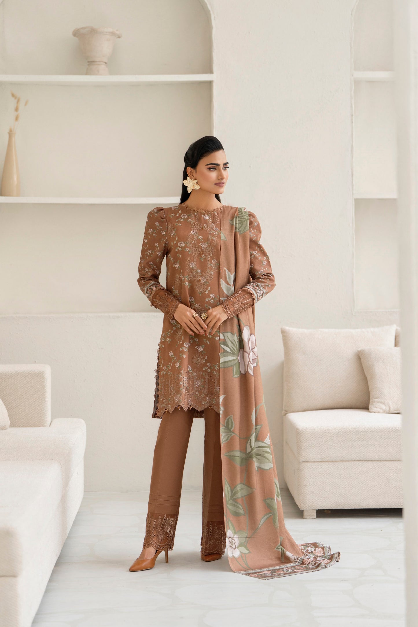 Printed khaddar shirt with light embroidery and woolen shawl