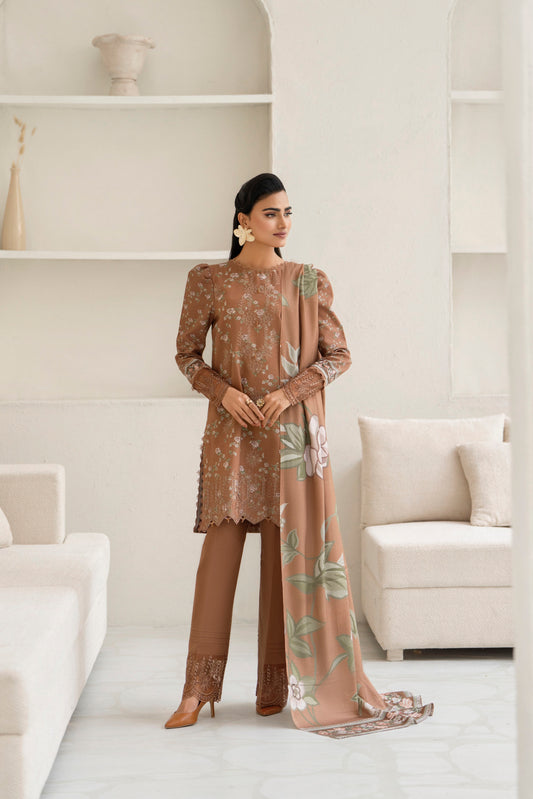 Printed khaddar shirt with light embroidery and woolen shawl