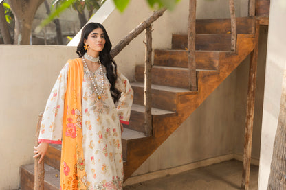 Embroidered lawn shirt paired with printed chiffon dupatta and cotton trouser for formal women’s wear