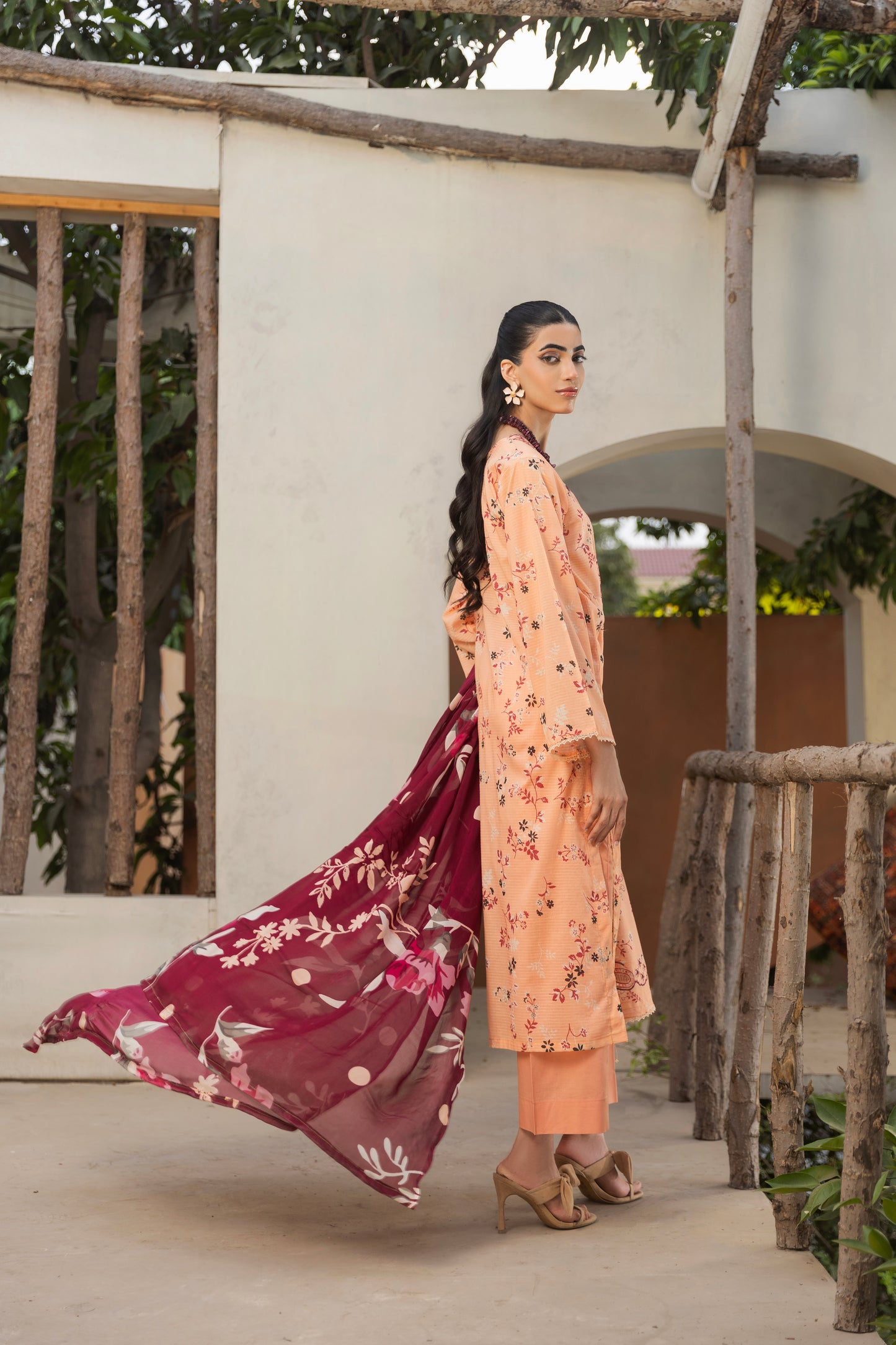 Self-check embroidered lawn shirt with chiffon dupatta and trouser for girls’ eastern wear