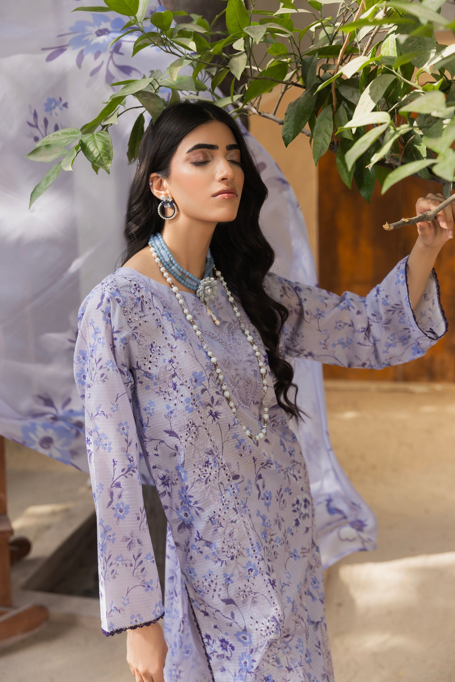 Embroidered lawn shirt with printed chiffon dupatta and trouser