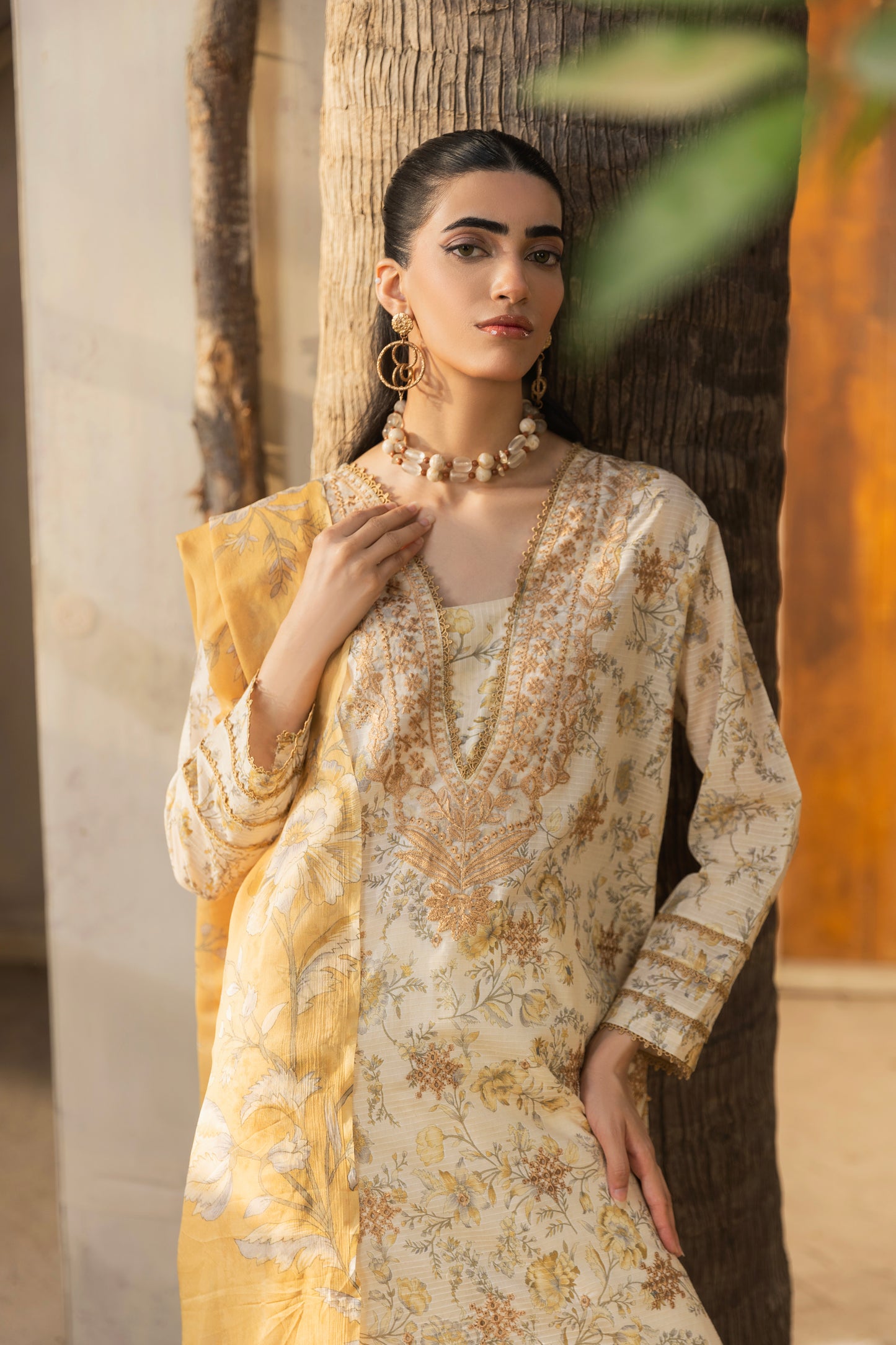 Digitally printed embroidered lawn shirt, chiffon dupatta, and trouser