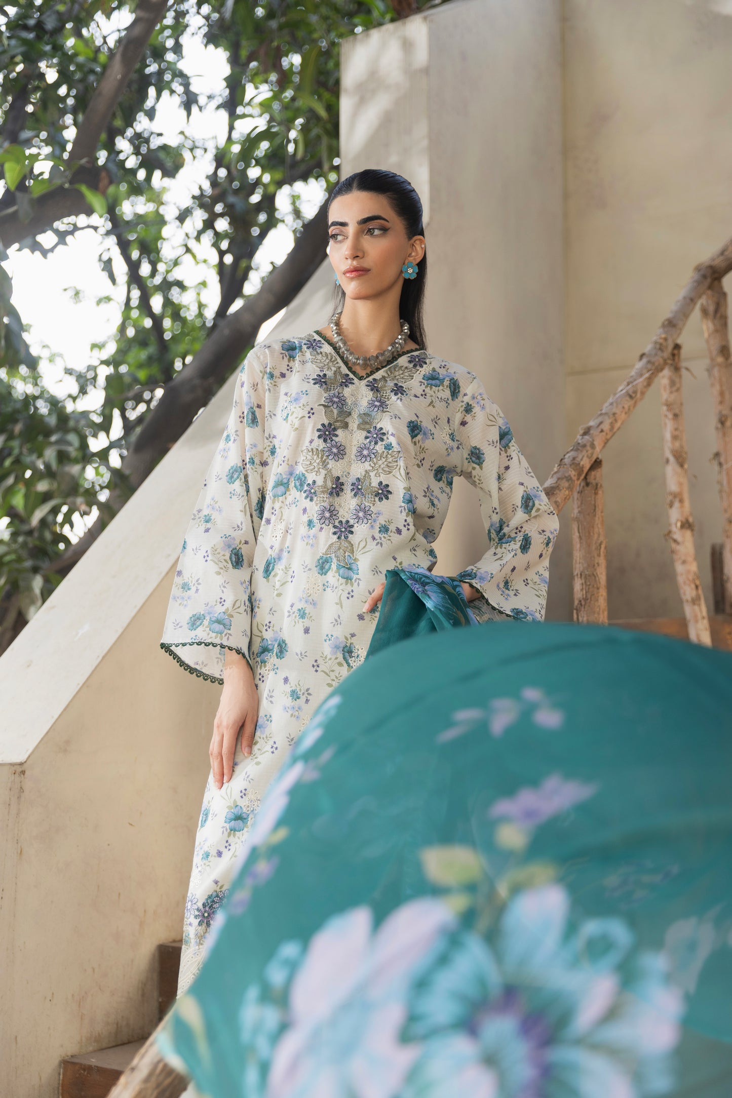 Digitally printed embroidered shirt with chiffon dupatta and plain cotton trouser