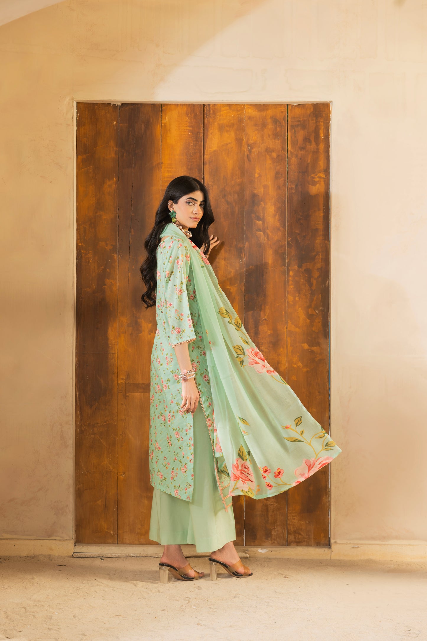 Lawn embroidered shirt, chiffon dupatta, and plain cotton trouser for light wedding wear