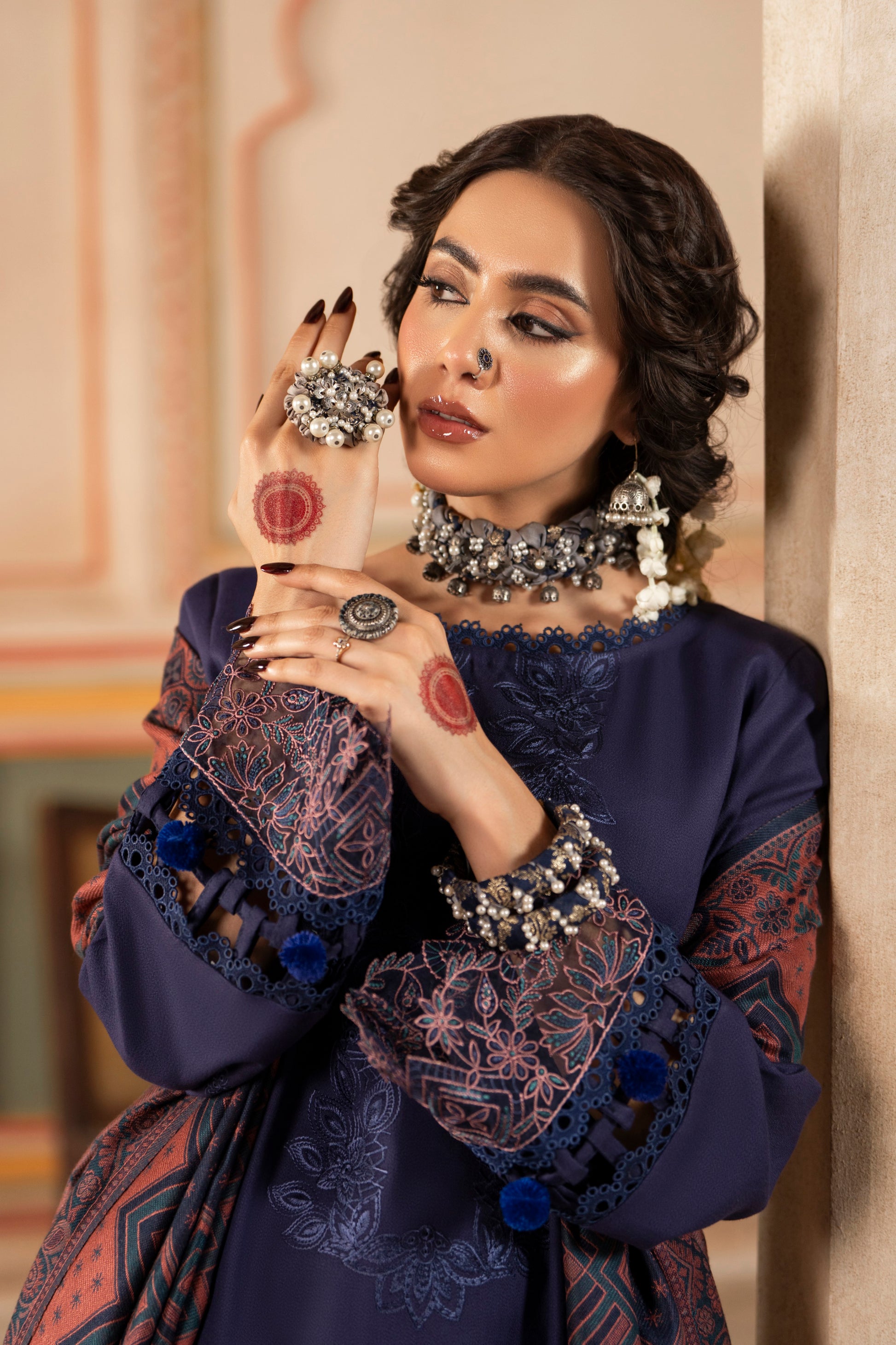 Eastern winter formal 3PC dress featuring detailed embroidery and a premium jacquard woolen shawl for warmth