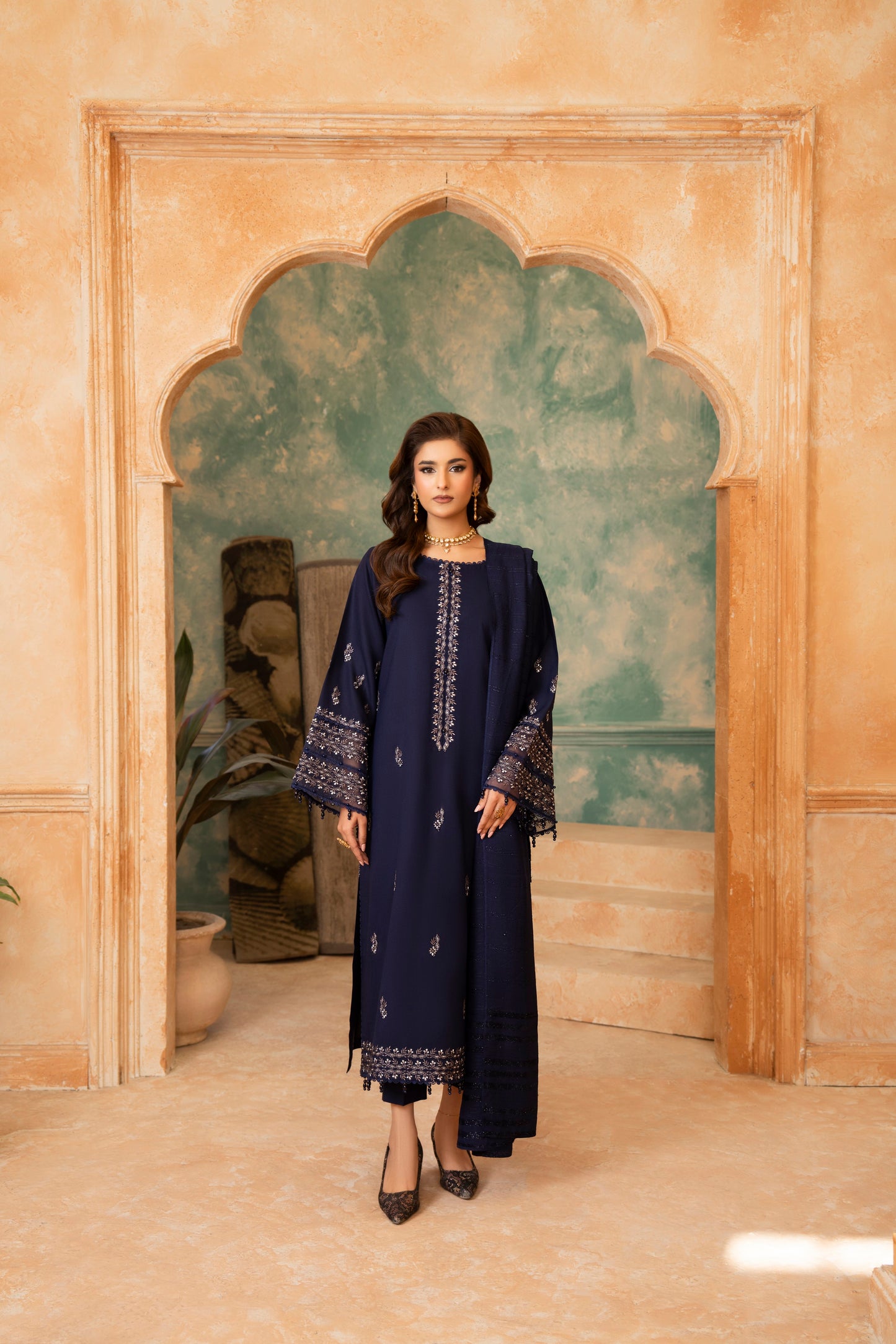 Woolen Shawl Party Wear; Dhanak 3-PC embroidered suit, blending floral designs with modern fashion sensibilities