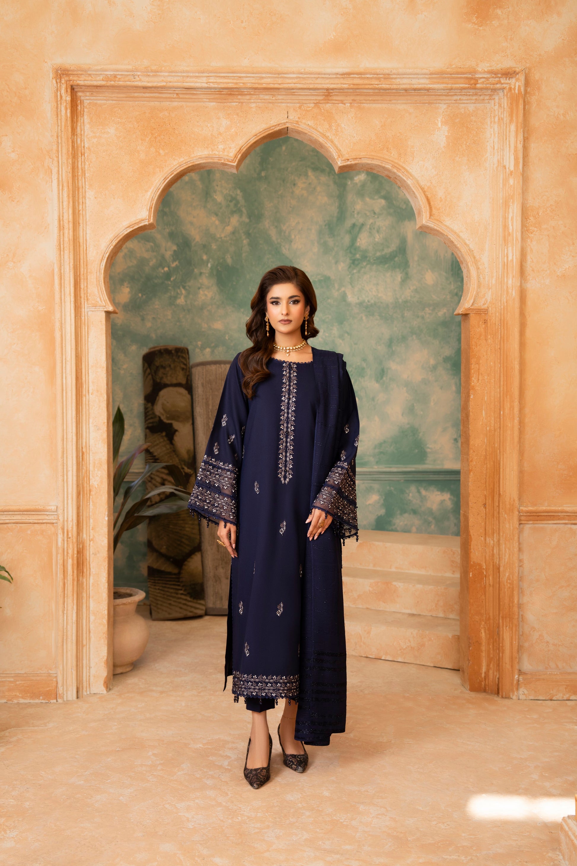 Woolen Shawl Party Wear; Dhanak 3-PC embroidered suit, blending floral designs with modern fashion sensibilities