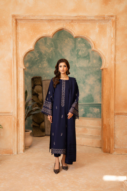 Woolen Shawl Party Wear; Dhanak 3-PC embroidered suit, blending floral designs with modern fashion sensibilities