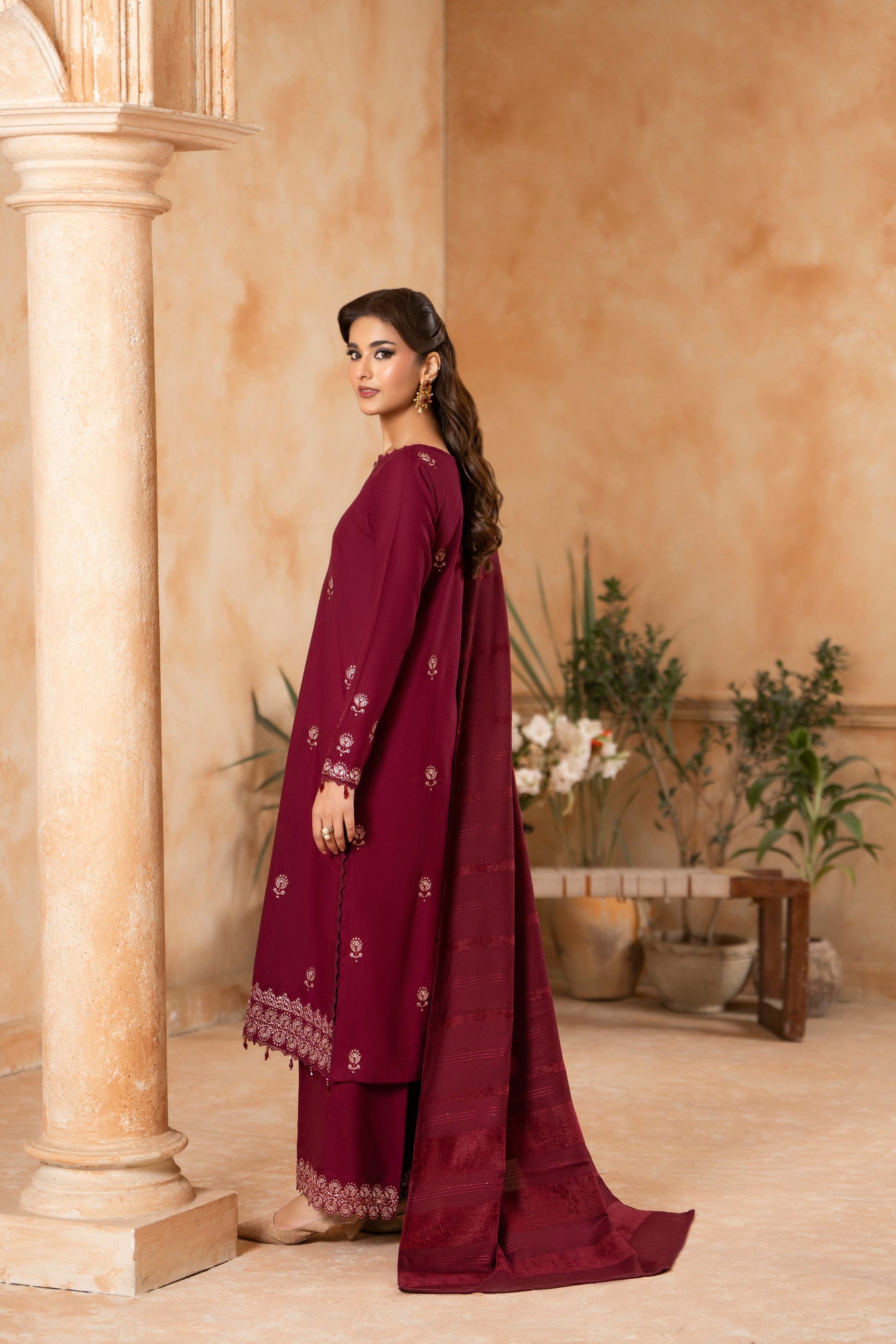 Woolen Shawl Set For Women; Dhanak 3-PC embroidered winter suit, a timeless and fashionable eastern wear ensemble