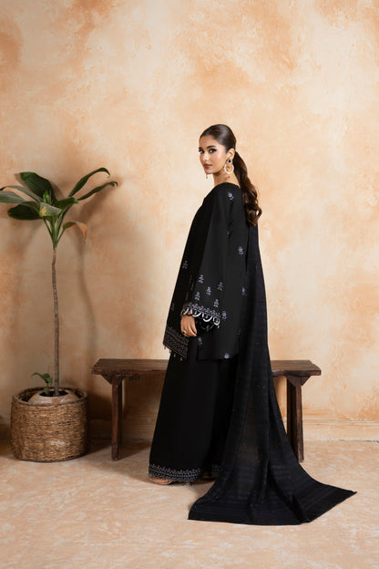 Fashionable Woolen Winter Dress Set; 3-PC Dhanak outfit with embroidery, perfect for parties and winter formal wear.