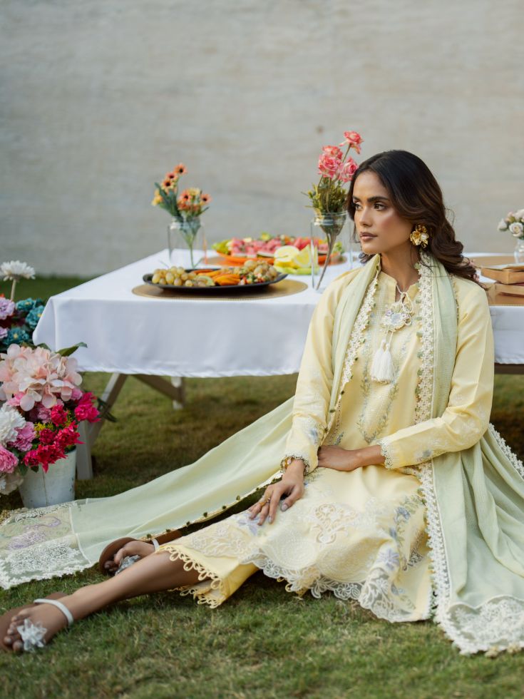 Yellow embroidered 3 piece suit with cotton dupatta, motifs, and plain dyed back