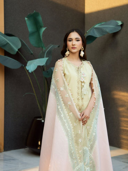 Elegant yellow kurta-style embroidered shirt with motifs, plain trouser, and dupatta