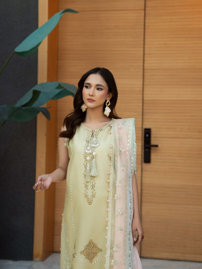 Yellow 3 piece dress featuring embroidered shirt, plain trouser, and cotton dupatta