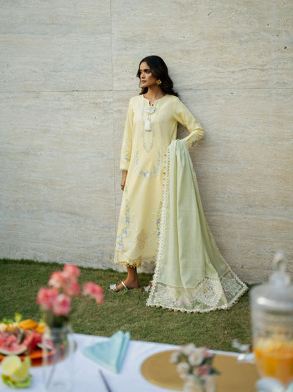 Stylish yellow lawn suit with embroidered shirt, detailed sleeves, and cotton dupatta