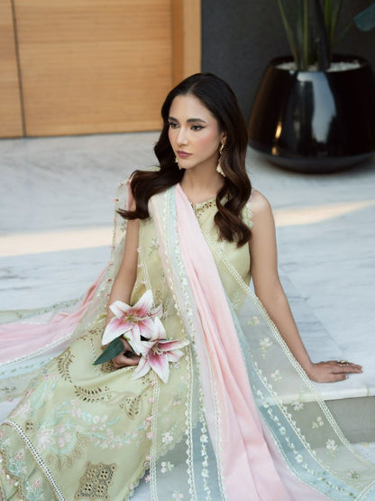 Elegant yellow summer lawn dress with embroidery, motifs, organza patch, and dupatta